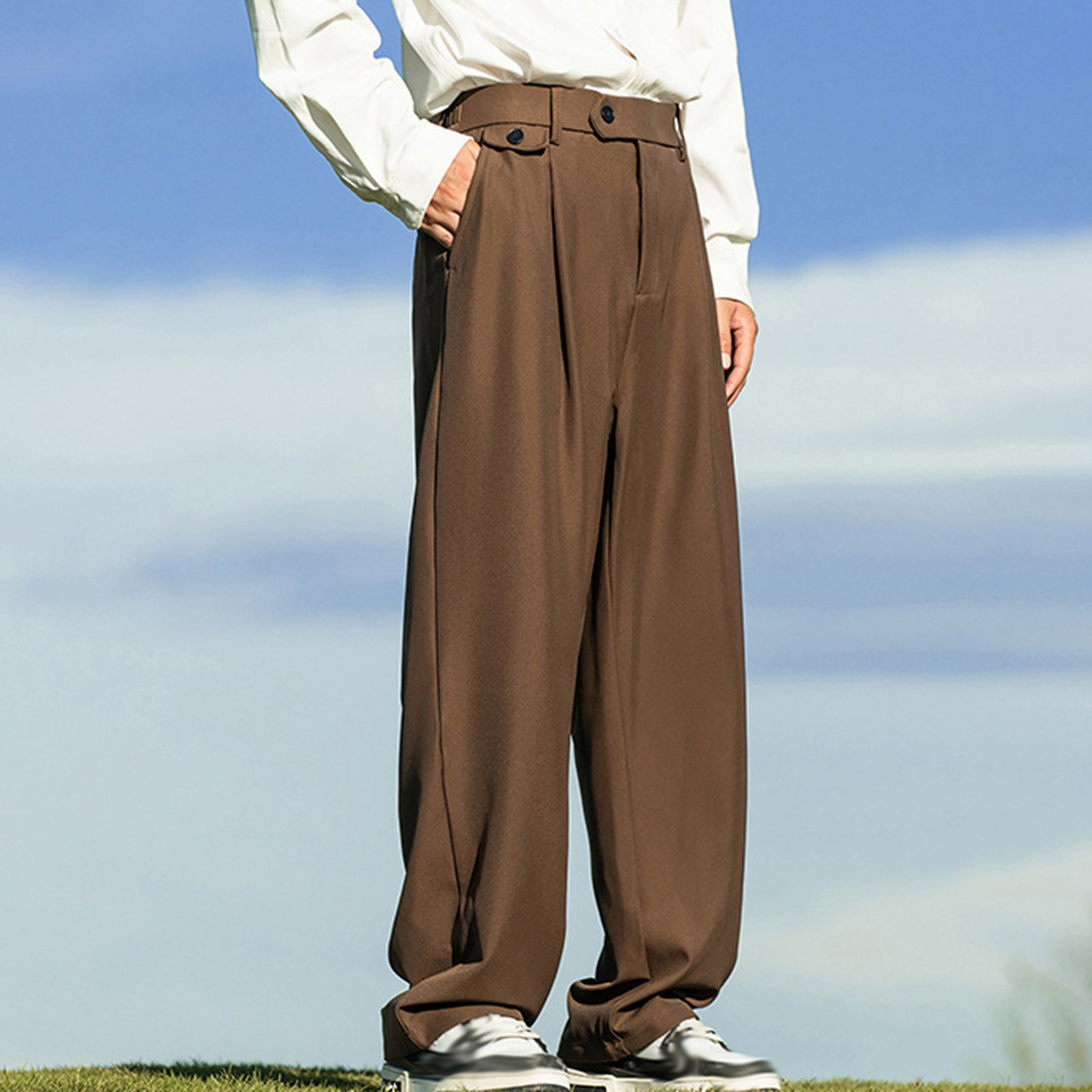 thumbnail image 4 of Pantalones de vestir holgados con pliegues para hombre, cintura elástica, mezcla de poliéster y algodón, para ocasiones formales y casuales (S-XL), 4 of 8